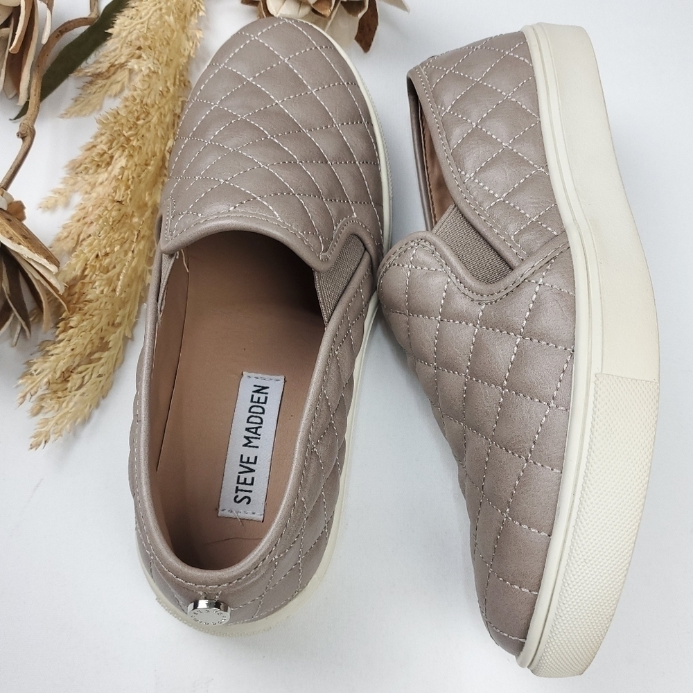 🔴 STEVE Madden Quilted Lether Grey Tan Loafers 6m - Picture 9 of 13